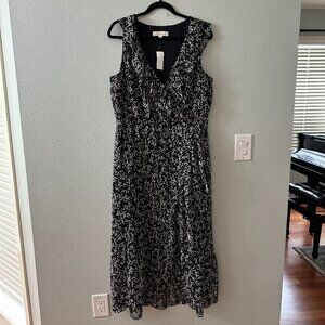 NWT Ann Taylor LOFT Black White Midi Dress Women's 12 Chiffon Sleeveless